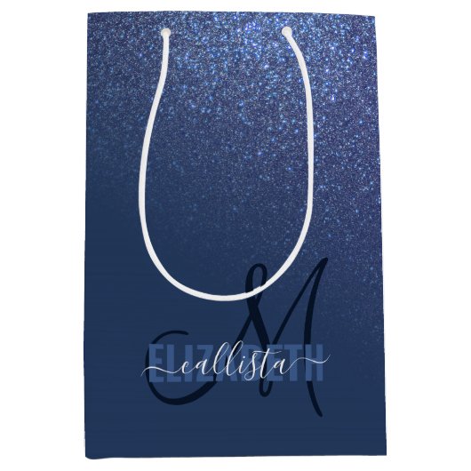 Diagonaal blauw glitter gradiënt Ombre Monogram Medium Cadeauzakje (Voorkant)