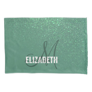 Diagonaal groen glittergradiënt monogram zeemeermi kussensloop