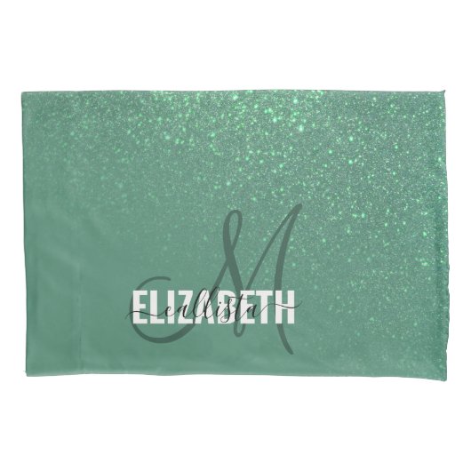 Diagonaal groen glittergradiënt monogram zeemeermi kussensloop (Voorkant)