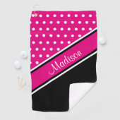 Diagonaal script naam Hot Pink Polka Dot Black Golfhanddoek (Insitu)