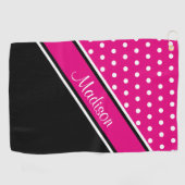 Diagonaal script naam Hot Pink Polka Dot Black Golfhanddoek (Horizontaal)