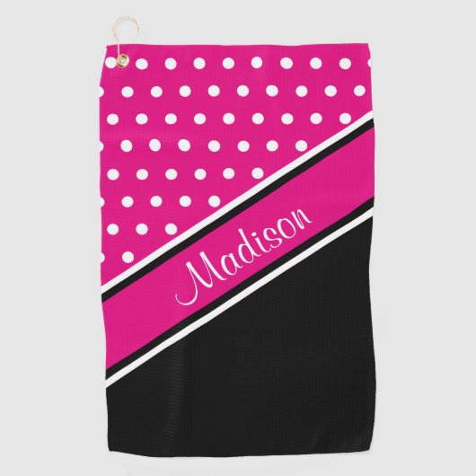 Diagonaal script naam Hot Pink Polka Dot Black Golfhanddoek (Voorkant)