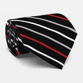 Diagonaal zwart, grijs, rood en wit, dun gestreept stropdas (Opgerold)