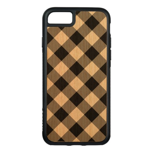Diagonal Black Gingham Pattern on Cherry Wood Carved Wood iPhone Hoesje (Achterkant)