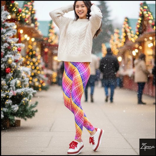 Diagonal Neon Plaid Stripe Gradient Leggings