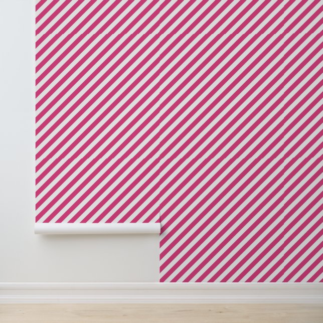 Diagonal pink and white stripes pattern behang (Applicatie)
