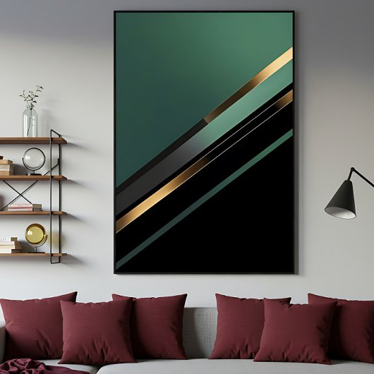 Diagonal Stripes in Deep Emerald and Gold Canvas Afdruk