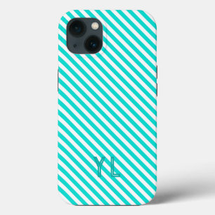 Diagonale neonblauwe en witte strepen initialen iPhone 13 hoesje