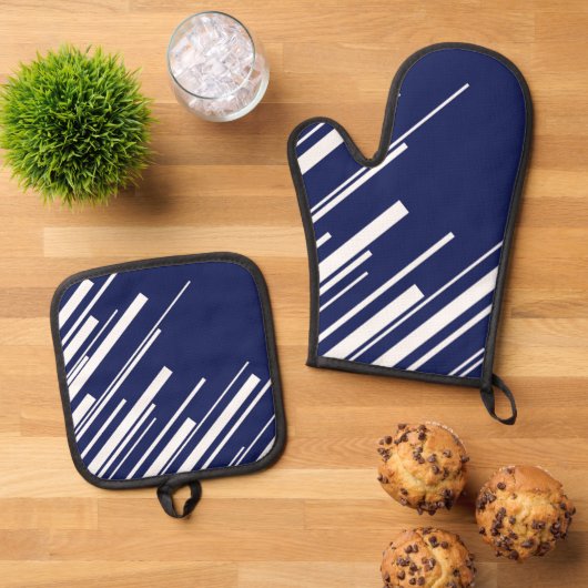 Diagonalen - Blauw en wit Ovenwant & Pannenlap Set (Top down)