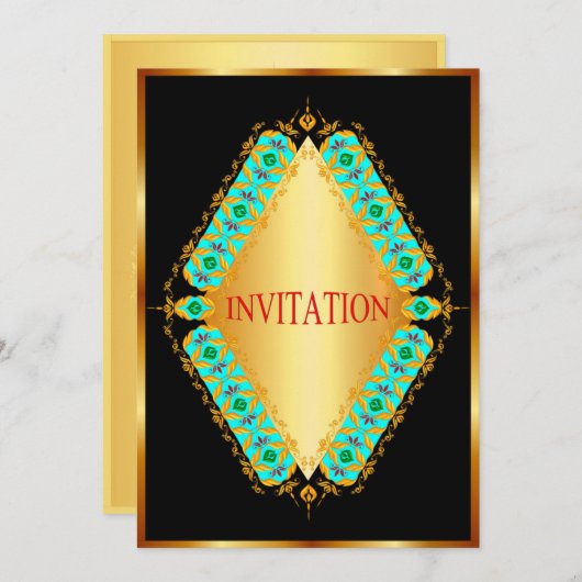 Diamant design bleu et or dans invitation noire (Devant / Derrière)