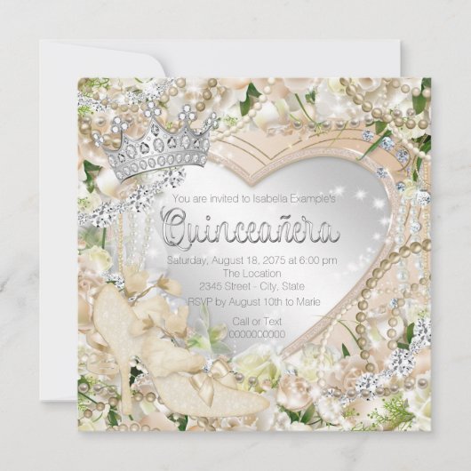 Diamant en Parel Witte Roos Quinceanera Kaart (Voorkant)