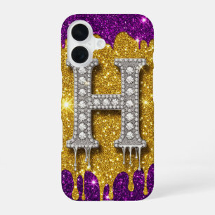 Diamant Glitter Monogram H ✨ Gouden Drip Paars iPhone 16 Hoesje