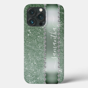 Diamant groene glitterscriptie monogram naam iPhone 13 pro hoesje