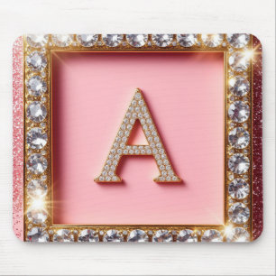 Diamant Initiaal A Gouden Frame Roze Glitters Mono Muismat