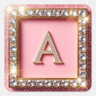 Diamant Initiaal A Roze Glitter Monogram Vierkante Sticker