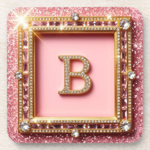 Diamant Initiaal B Roze Glitter Gouden Frame Monog Bier Onderzetter