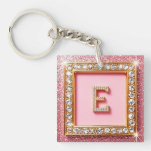 Diamant Initiaal E Gouden Frame Roze Glitters Mono Sleutelhanger