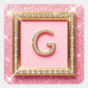 Diamant Initiaal G Gouden Frame Roze Glitter Monog Vierkante Sticker