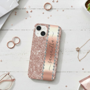 Diamant Look Glitter Calligrafie Naam Roze Goud iPhone 14 Hoesje