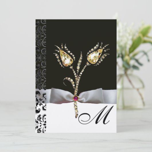 DIAMANT TULPEN , Roze Zwart Witte Damast Monogram Kaart (Staand voorkant)