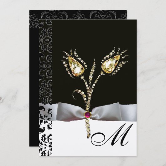 DIAMANT TULPEN , Roze Zwart Witte Damast Monogram Kaart (Voorkant / Achterkant)