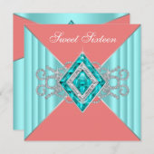 Diamant Turkoois Koraal Sweet 16 Verjaardagsfeestj Kaart (Voorkant / Achterkant)