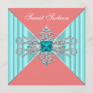 Diamant Turquoise Blauwe Koraal Sweet 16 Verjaarda Kaart