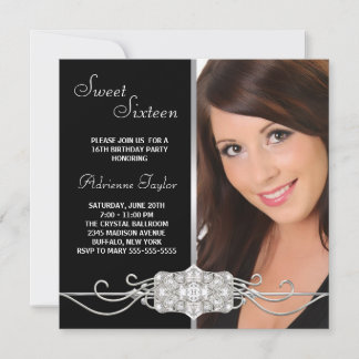 Diamant Zilver Zwart Foto Sweet Sixteen Verjaardag Kaart