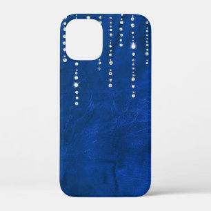 diamantdruppel op blauw leder iPhone 12 mini hoesje