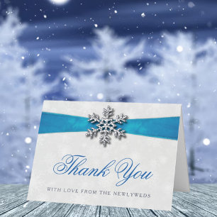 Diamante Sneeuwvlok & Blauwe Lint Winterhuwelijk Folie Wenskaart