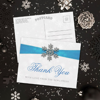 Diamante Snowflake & Blue Ribbon Winter Wedding Briefkaart