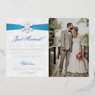 Diamante Snowflake & Blue Ribbon Winter Wedding Folie Uitnodiging