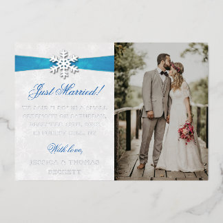 Diamante Snowflake & Blue Ribbon Winter Wedding Folie Uitnodiging