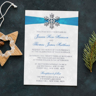 Diamante Snowflake & Blue Ribbon Winter Wedding Folie Uitnodiging
