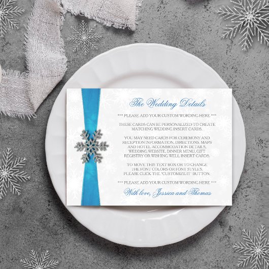 Diamante Snowflake & Blue Ribbon Winter Wedding Informatiekaartje
