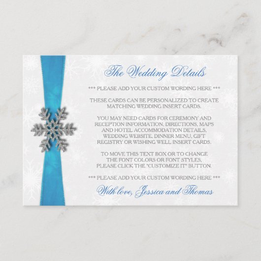 Diamante Snowflake & Blue Ribbon Winter Wedding Informatiekaartje (Voorkant)