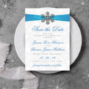 Diamante Snowflake & Blue Ribbon Winter Wedding Kaart