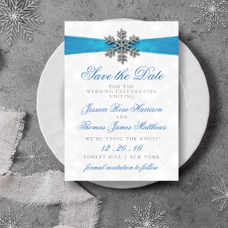 Diamante Snowflake & Blue Ribbon Winter Wedding Kaart