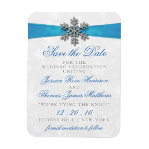 Diamante Snowflake & Blue Ribbon Winter Wedding Magneet