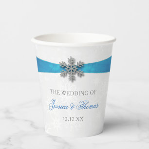 Diamante Snowflake & Blue Ribbon Winter Wedding Papieren Bekers