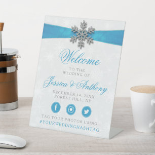 Diamante Snowflake & Blue Ribbon Winter Wedding Reclamebord Met Voetstuk