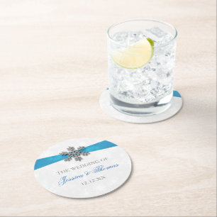 Diamante Snowflake & Blue Ribbon Winter Wedding Ronde Kartonnen Onderzetter