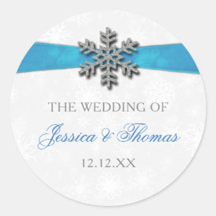 Diamante Snowflake & Blue Ribbon Winter Wedding Ronde Sticker