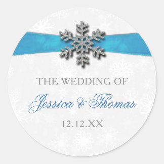 Diamante Snowflake & Blue Ribbon Winter Wedding Ronde Sticker