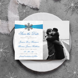 Diamante Snowflake & Blue Ribbon Winter Wedding Save The Date