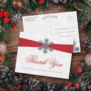 Diamante Snowflake en Red Ribbon Winter Wedding Briefkaart