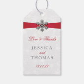 Diamante Snowflake en Red Ribbon Winter Wedding Cadeaulabel (Voorkant)