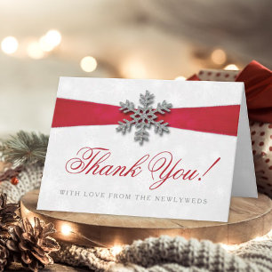 Diamante Snowflake en Red Ribbon Winter Wedding Feestdagen Kaart