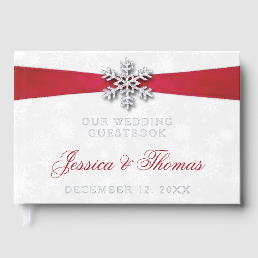 Diamante Snowflake en Red Ribbon Winter Wedding Gastenboek (Voorkant)