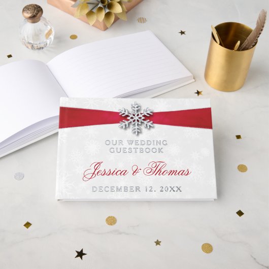 Diamante Snowflake en Red Ribbon Winter Wedding Gastenboek (Voorkant open)
